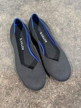 Rothy's Black Knit Ballet Flats with Blue Trim